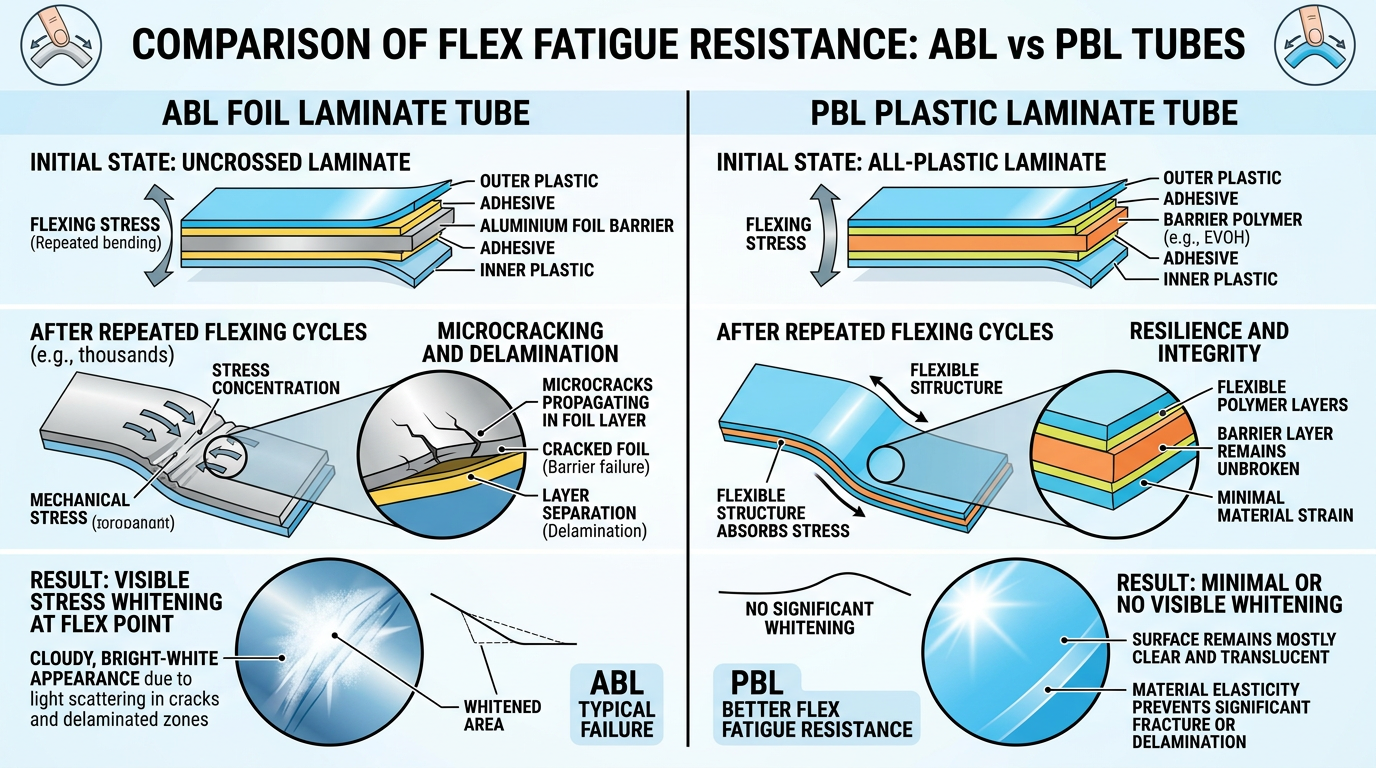 Concept diagram of flex fatigue and whitening differences between ABL and PBL tubes.