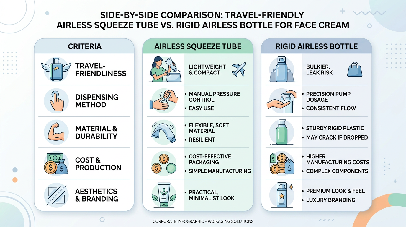 Comparison graphic of portable airless tube format versus classic airless bottle.