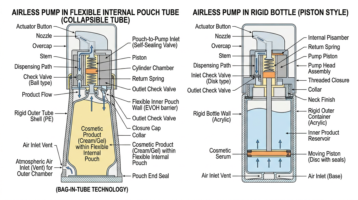 Schematic contrasting rigid airless bottle for dense creams with tube limitations.