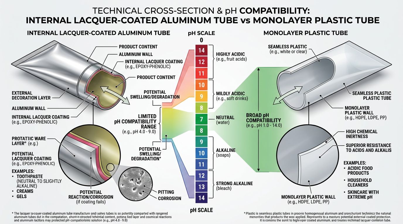 Diagram of internal lacquer on aluminum versus plastic compatibility for pH.
