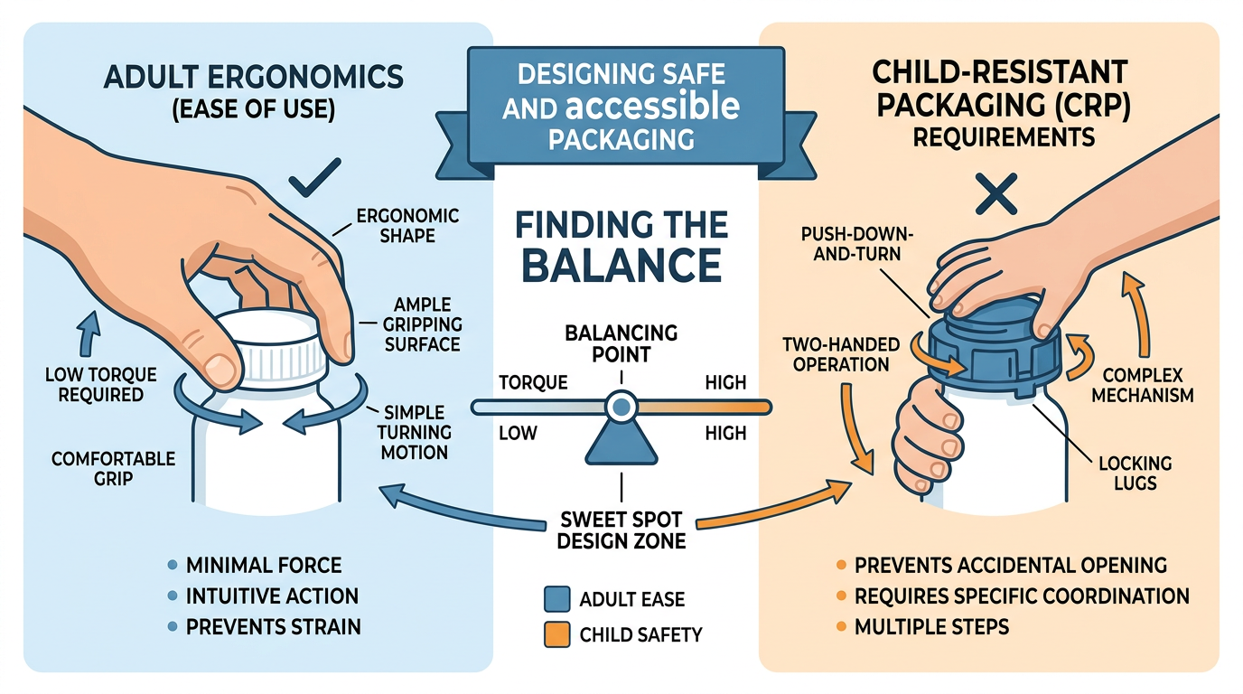 Graphic balancing adult usability with child-resistant mechanisms.
