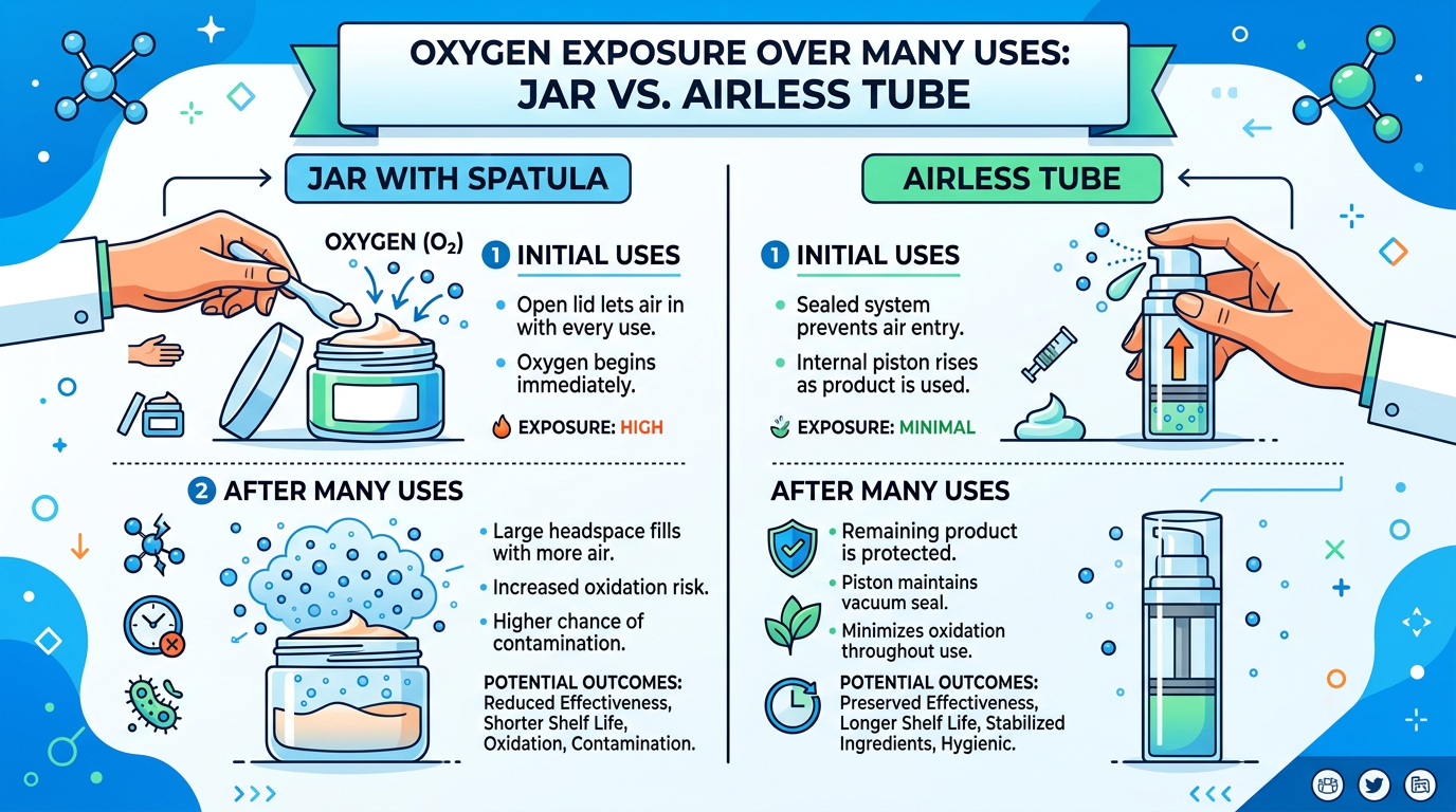 Graphic comparing cumulative oxygen and contamination across many jar dips versus airless doses.
