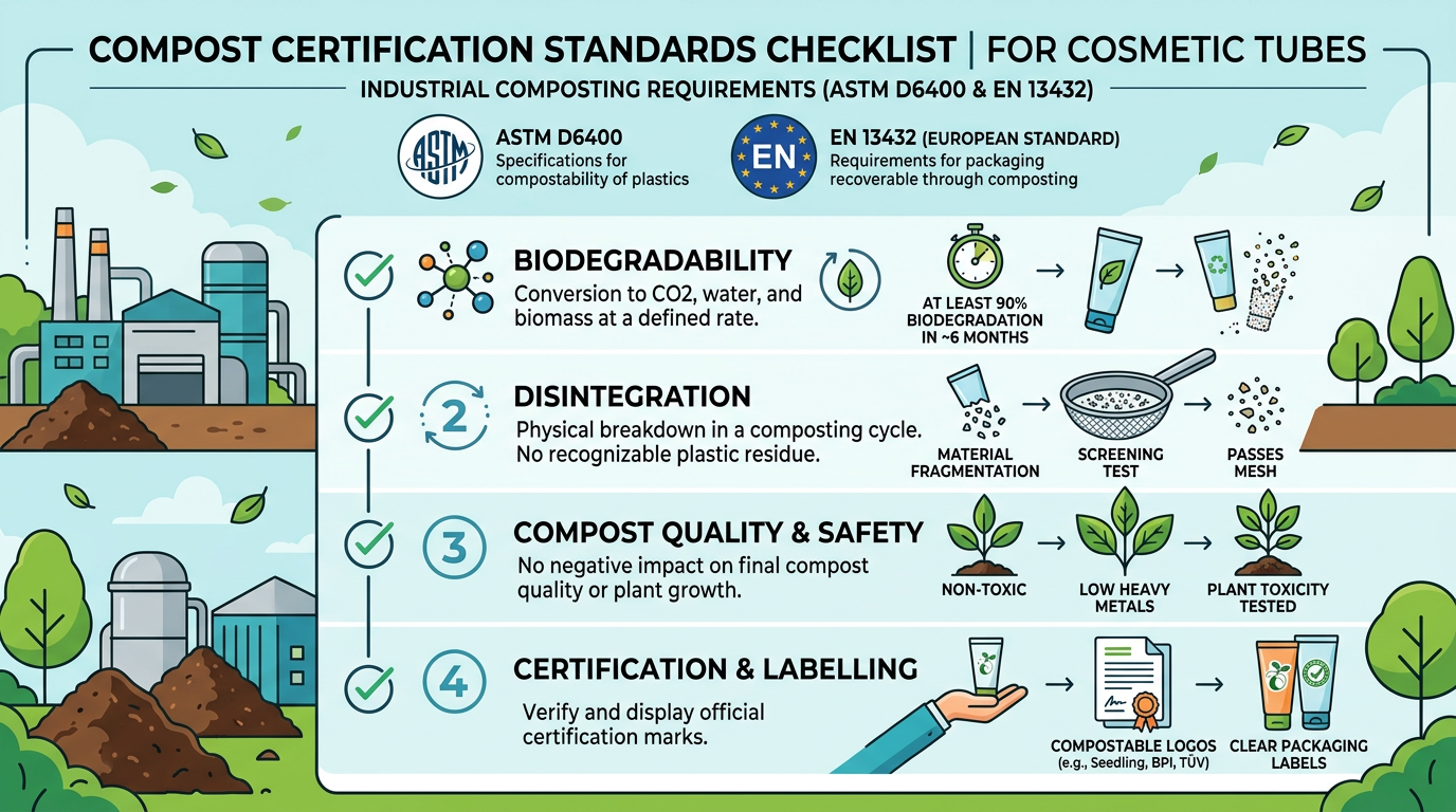 Checklist graphic referencing standards, thickness, and home versus industrial compost claims.