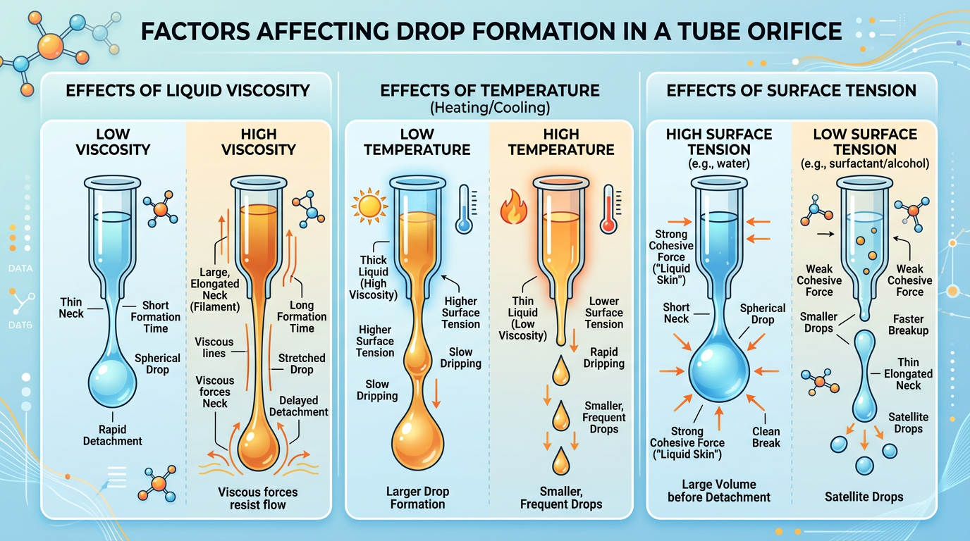 Schematic of viscosity and temperature effects on dropper-tip performance.