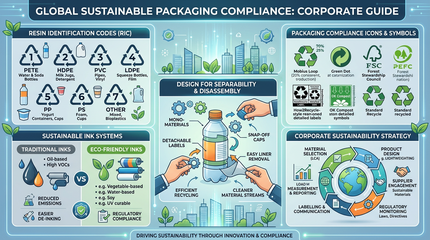 Infographic of drawings, resin IDs, ink systems, and end-market scenarios.