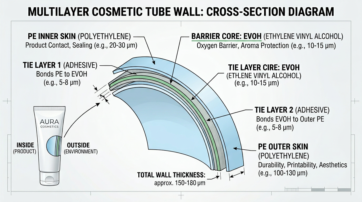 Layered wall schematic of PE skins, tie resins, and thin EVOH core in a tube.