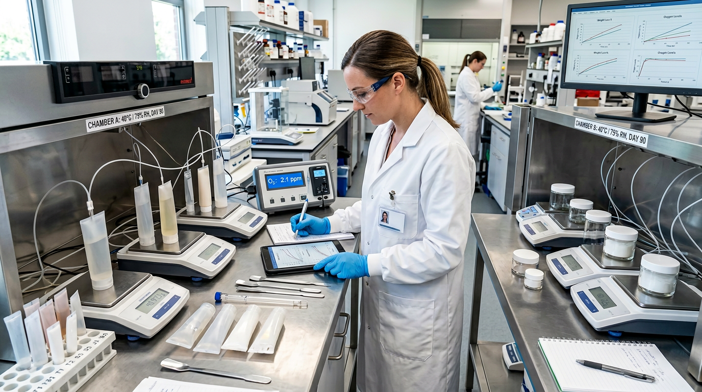 Laboratory-style comparison of filled barrier tubes under storage testing.