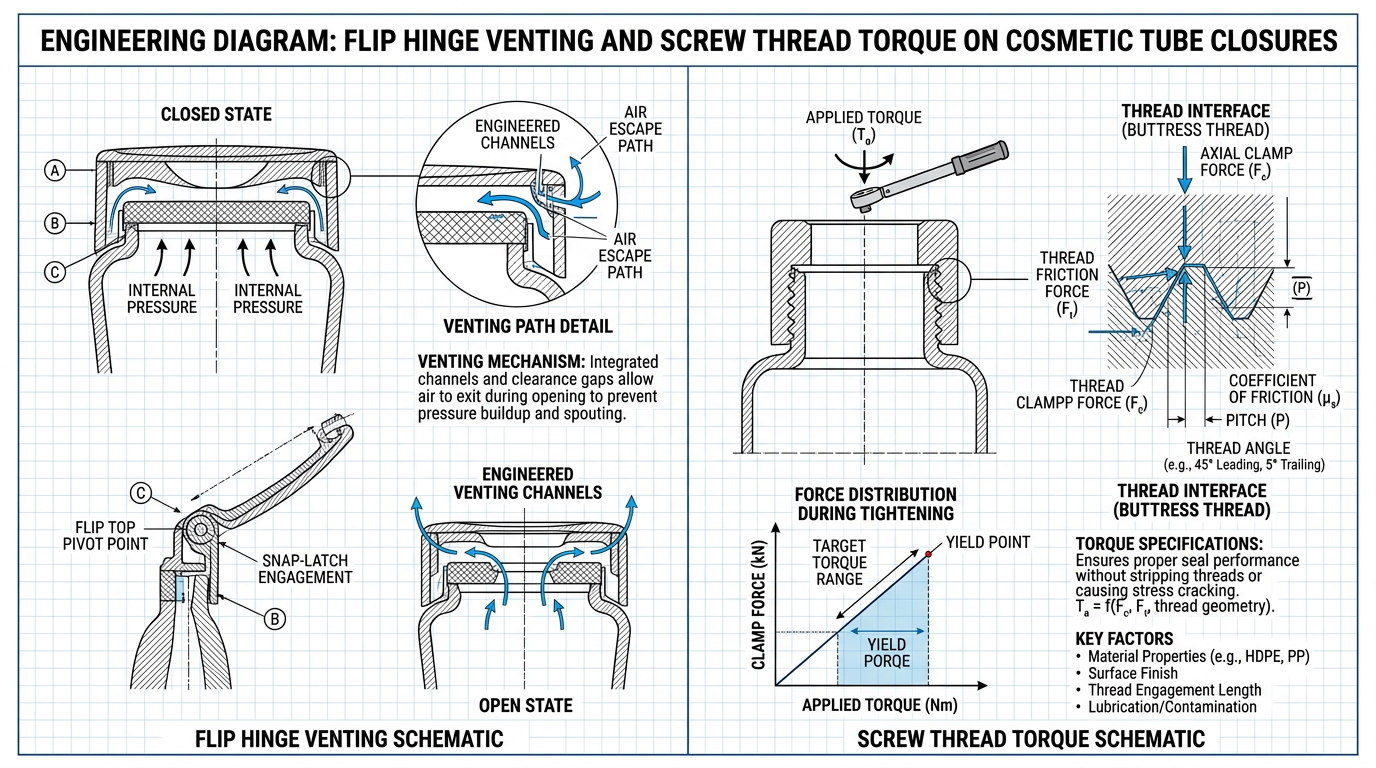 Technical diagram of venting, orifices, and torque for tube closures.