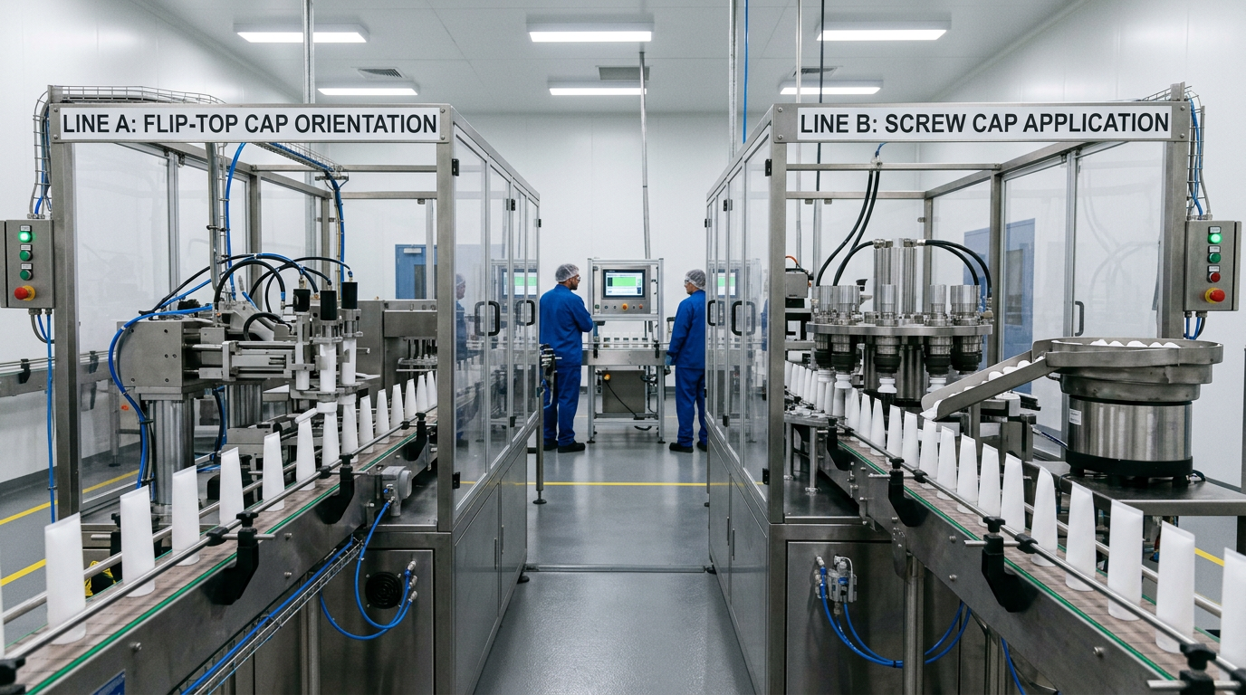 High-speed filling line applying oriented flip-top caps versus screw caps.