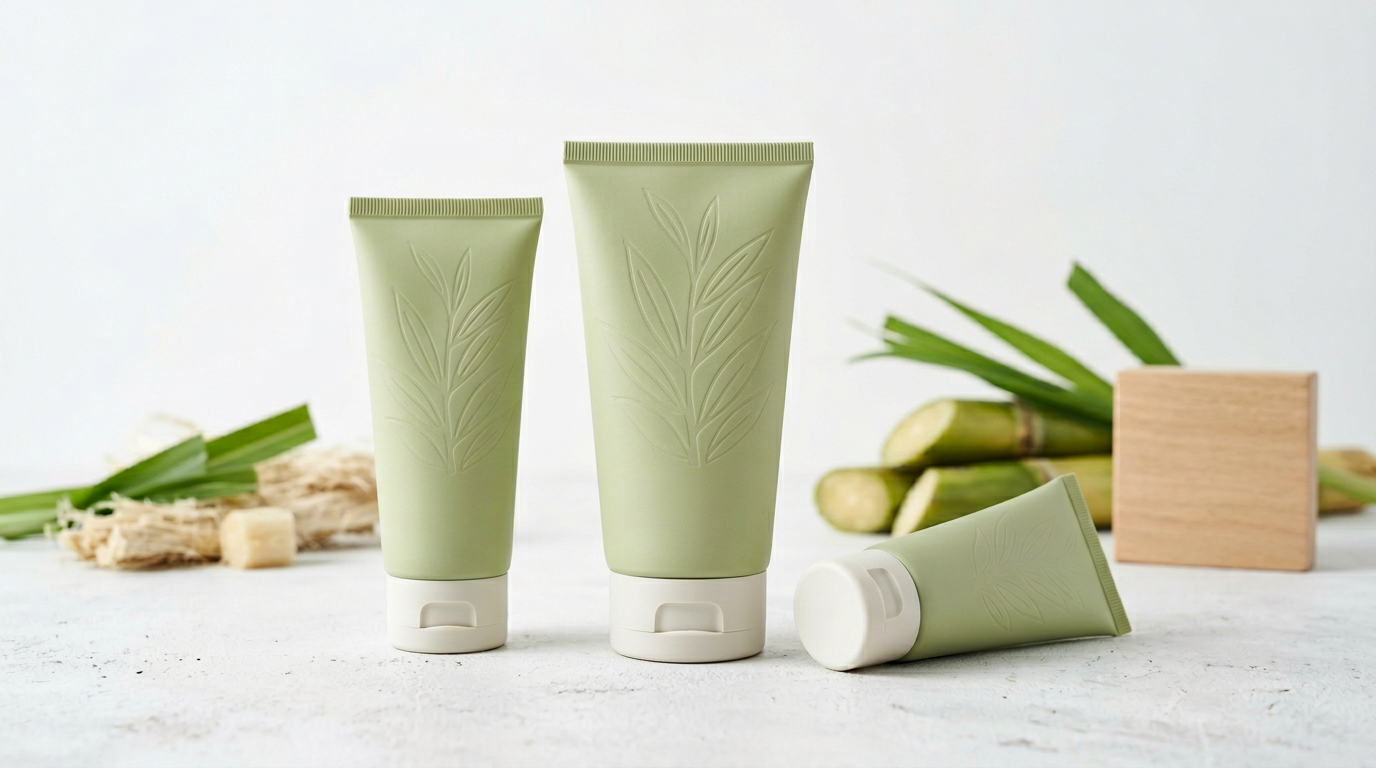 Bio-based polyethylene cosmetic squeeze tubes suggesting sugarcane-derived green PE.