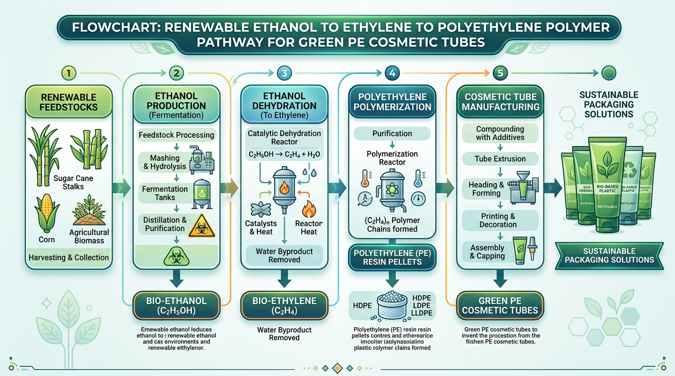Flowchart of renewable feedstock to polyethylene for cosmetic tubes.