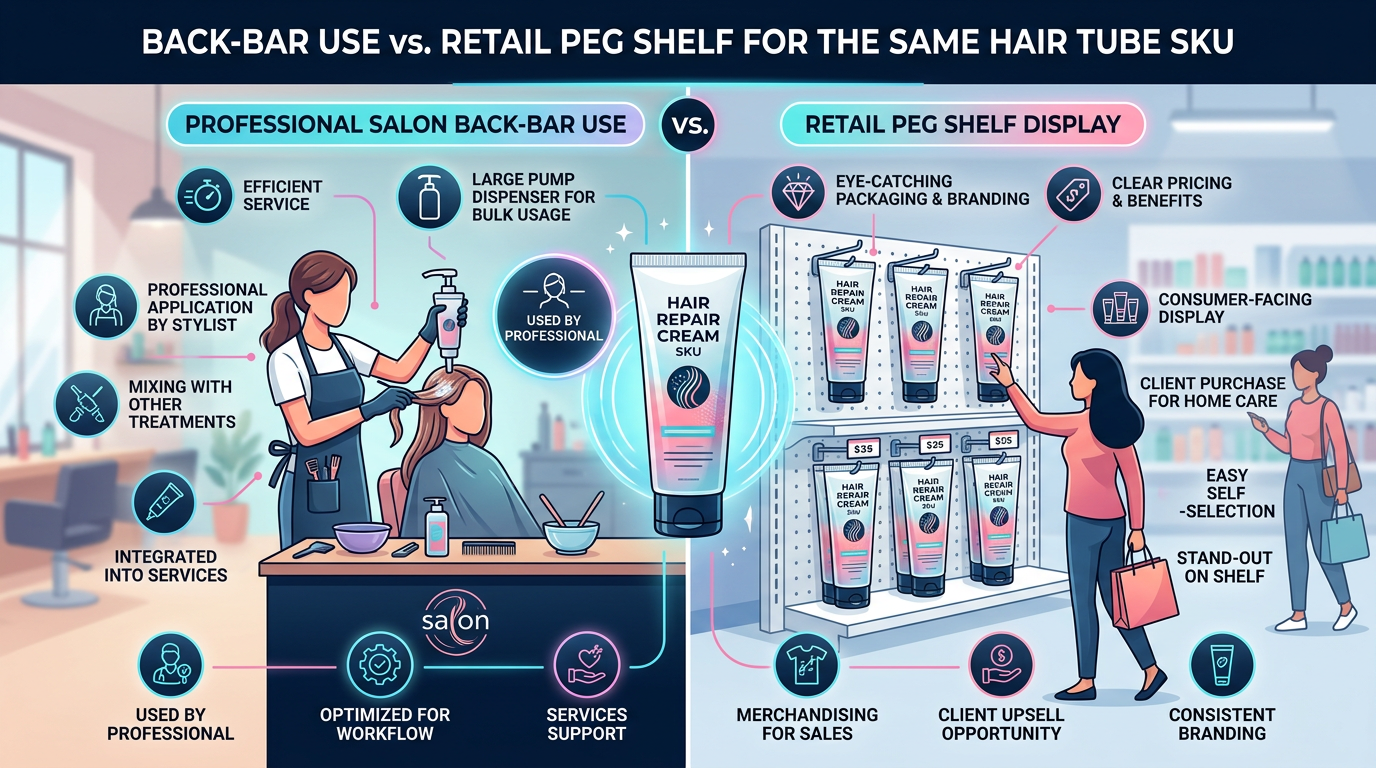 Split scene salon pump refill versus retail shelf facing for the same SKU.