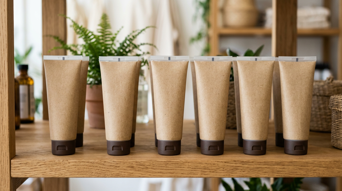 Paper-faced kraft-look hybrid cosmetic tubes on a retail-style shelf.