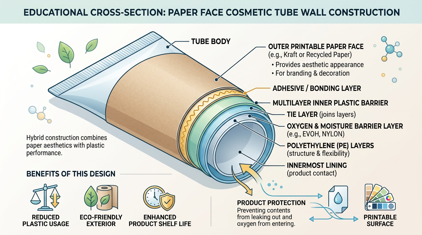 Laminate cross-section showing fiber facestock and inner polymer barrier.