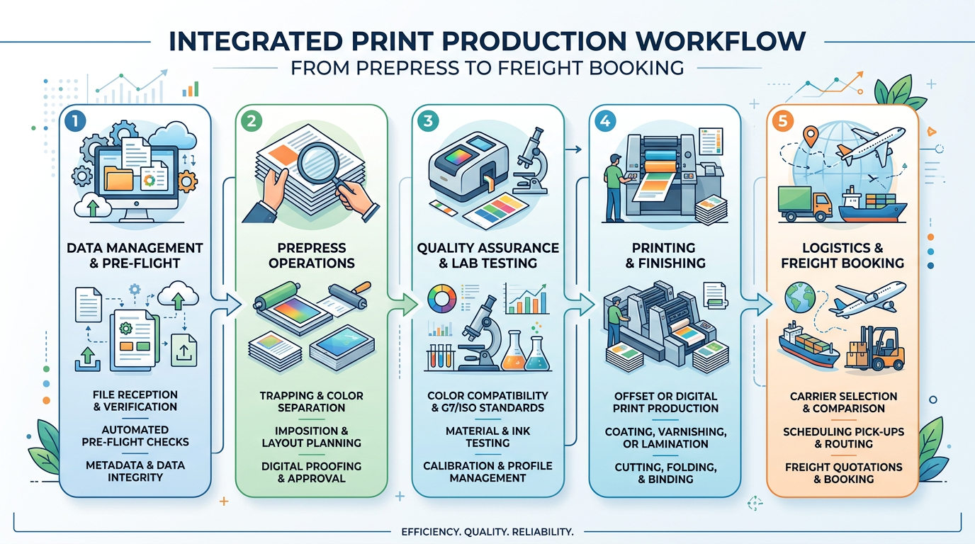 Infographic of parallel paths: prepress, resin sign-off, and freight booking.