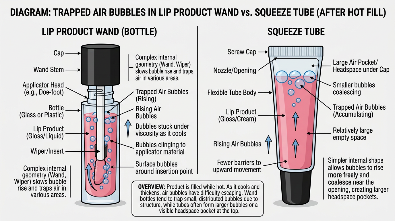 Diagram of trapped air expansion after hot fill in lip products.