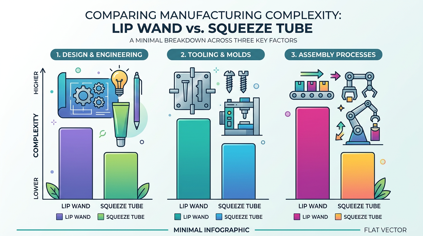 Comparison of part count and scrap for wand packs versus squeeze tubes.