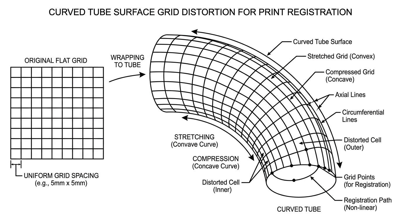Technical diagram of distortion mapping for printing on curved tubes.