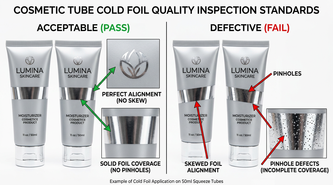 Quality comparison of acceptable foil registration versus defective skew and pinholes.