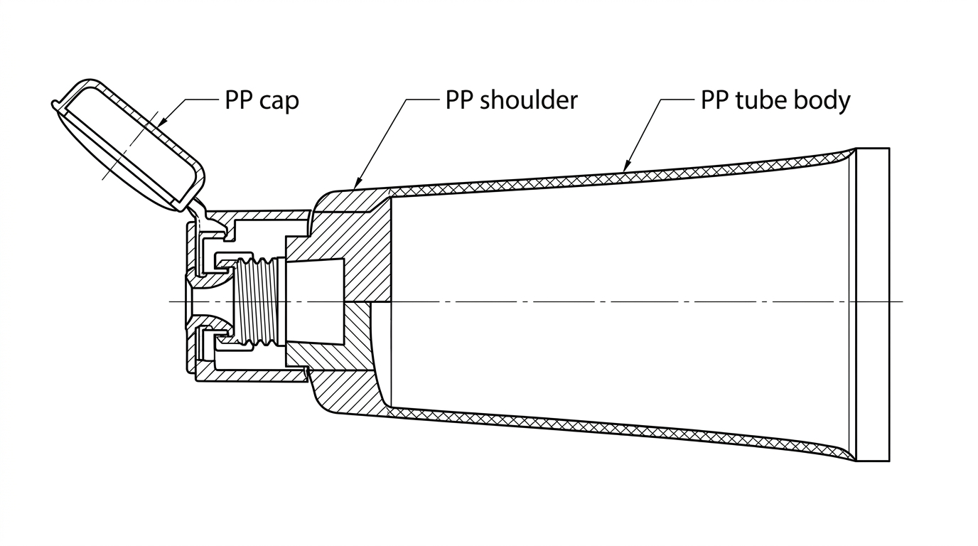 Diagram of a mono-material PP cosmetic tube showing wall, shoulder, and cap as one resin family.