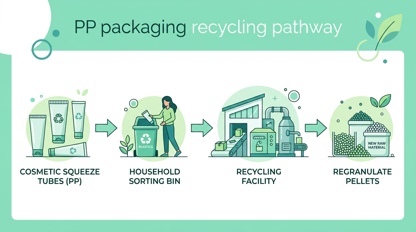 Infographic of polypropylene cosmetic tube collection, sorting, and mechanical recycling pathway.