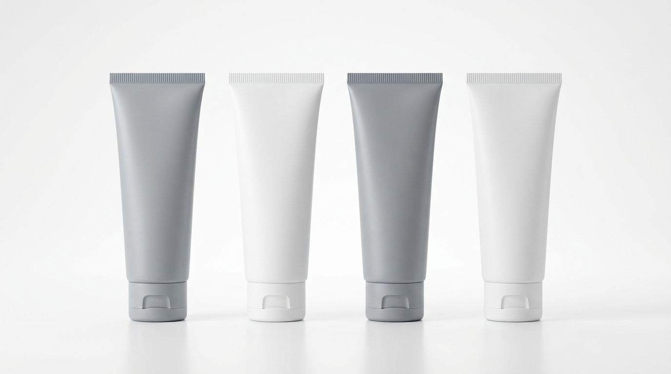 Assortment of mono-material polypropylene cosmetic squeeze tubes in neutral colors for brand programs.