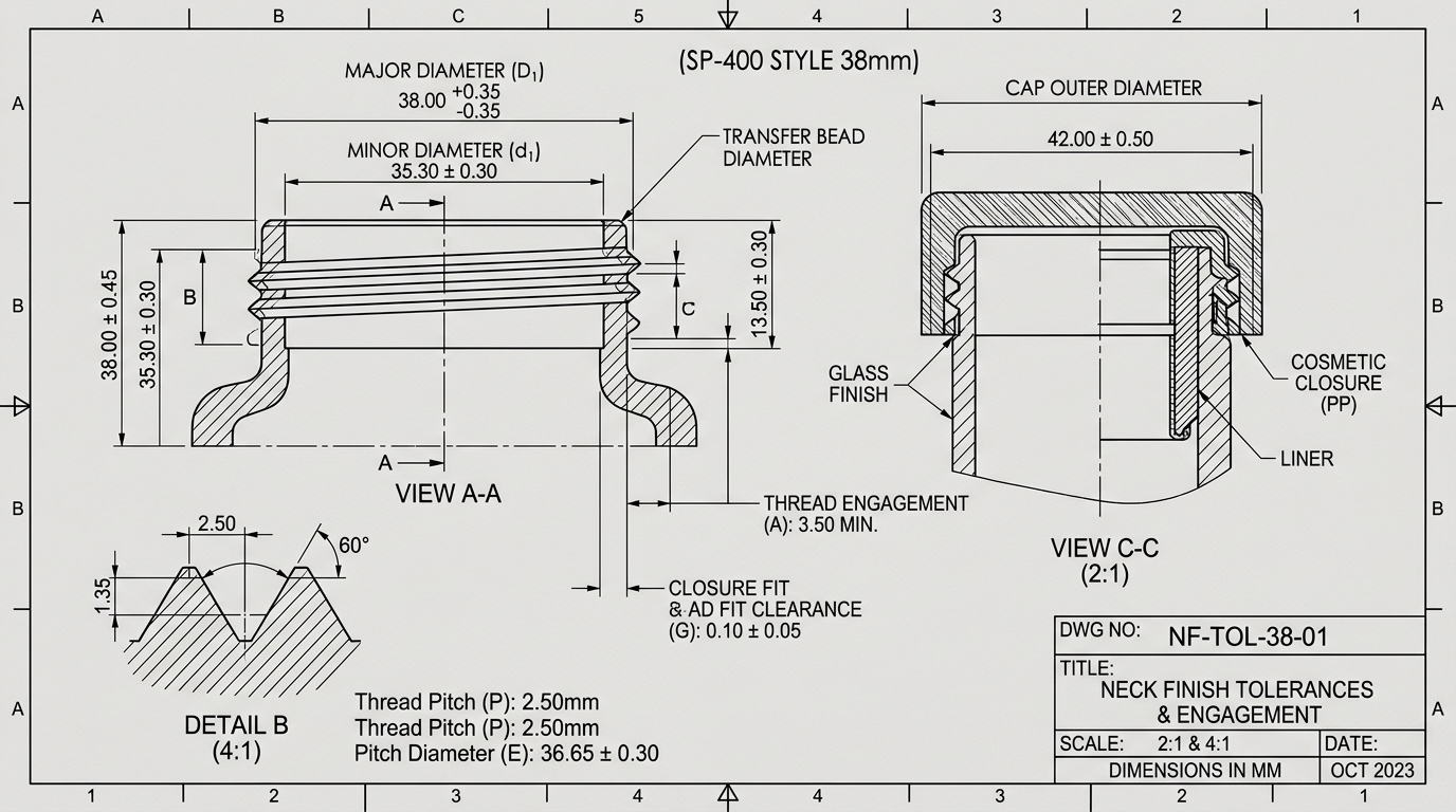 Engineering drawing excerpt for neck finish dimensions and engagement length.
