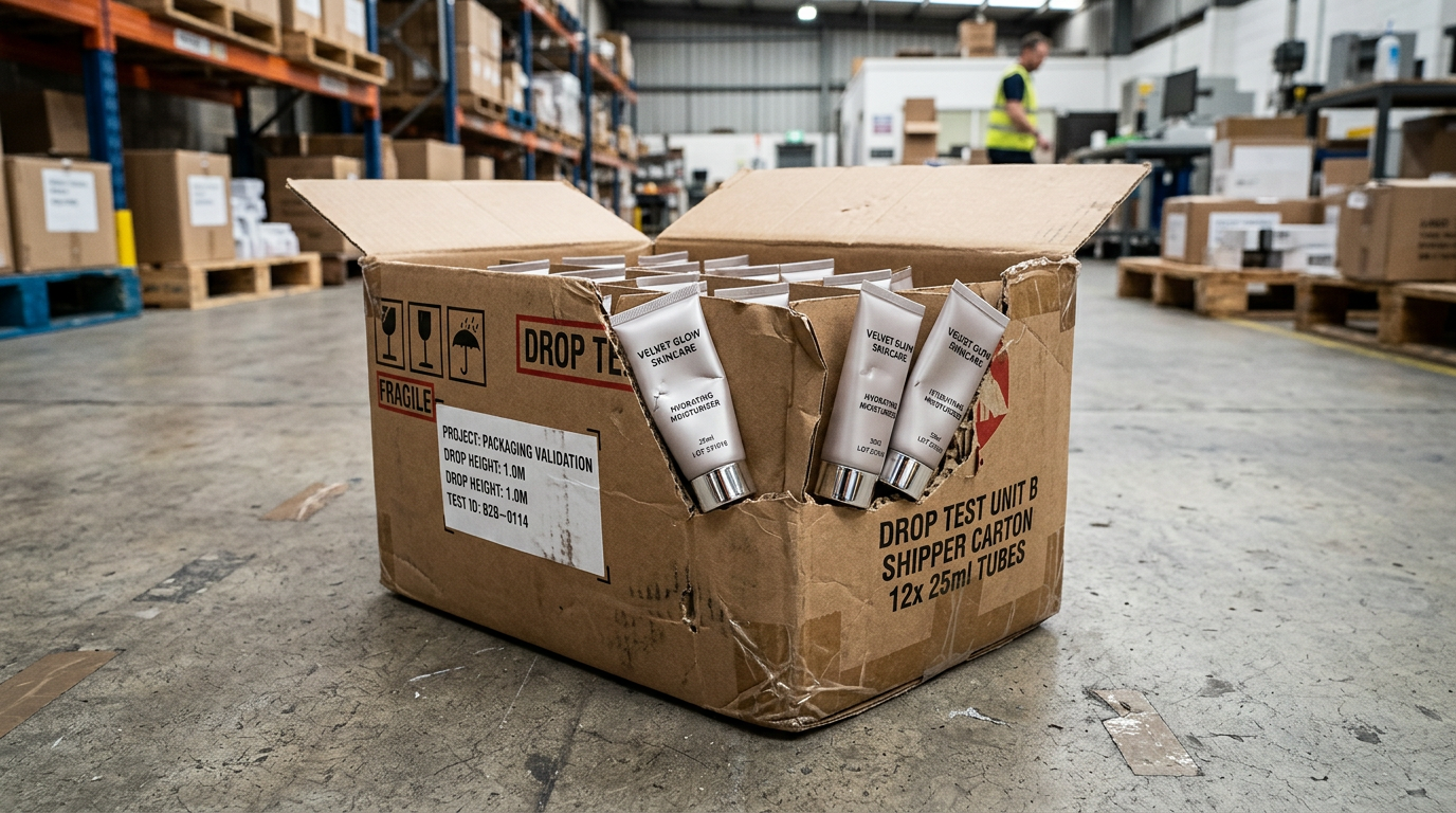 Shipper drop test setup with torque-verified capped cosmetic tubes.