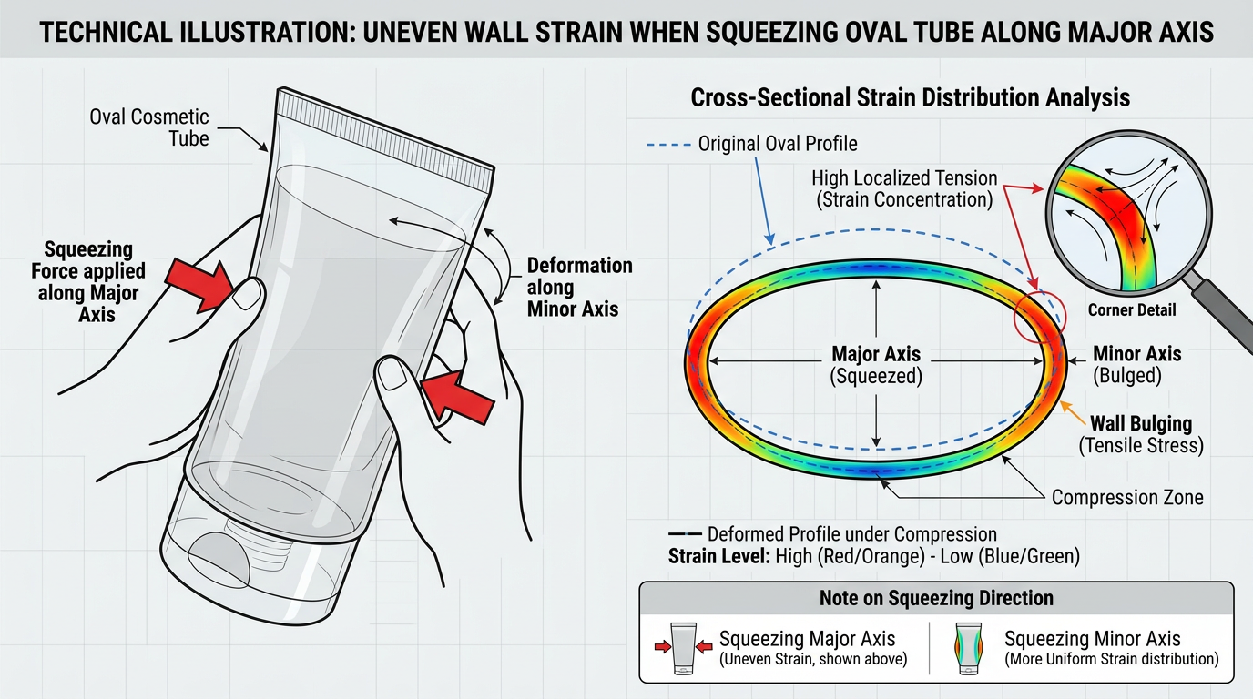 Technical illustration of uneven wall strain when squeezing an oval tube.