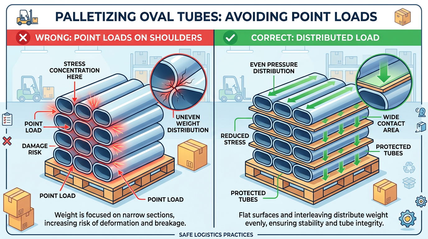 Logistics sketch for palletizing oval tubes without point-loading shoulders.