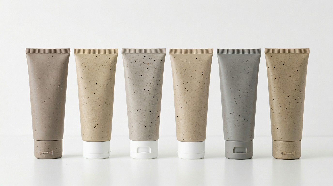 Post-consumer recycled plastic cosmetic squeeze tubes in assorted neutral tones.