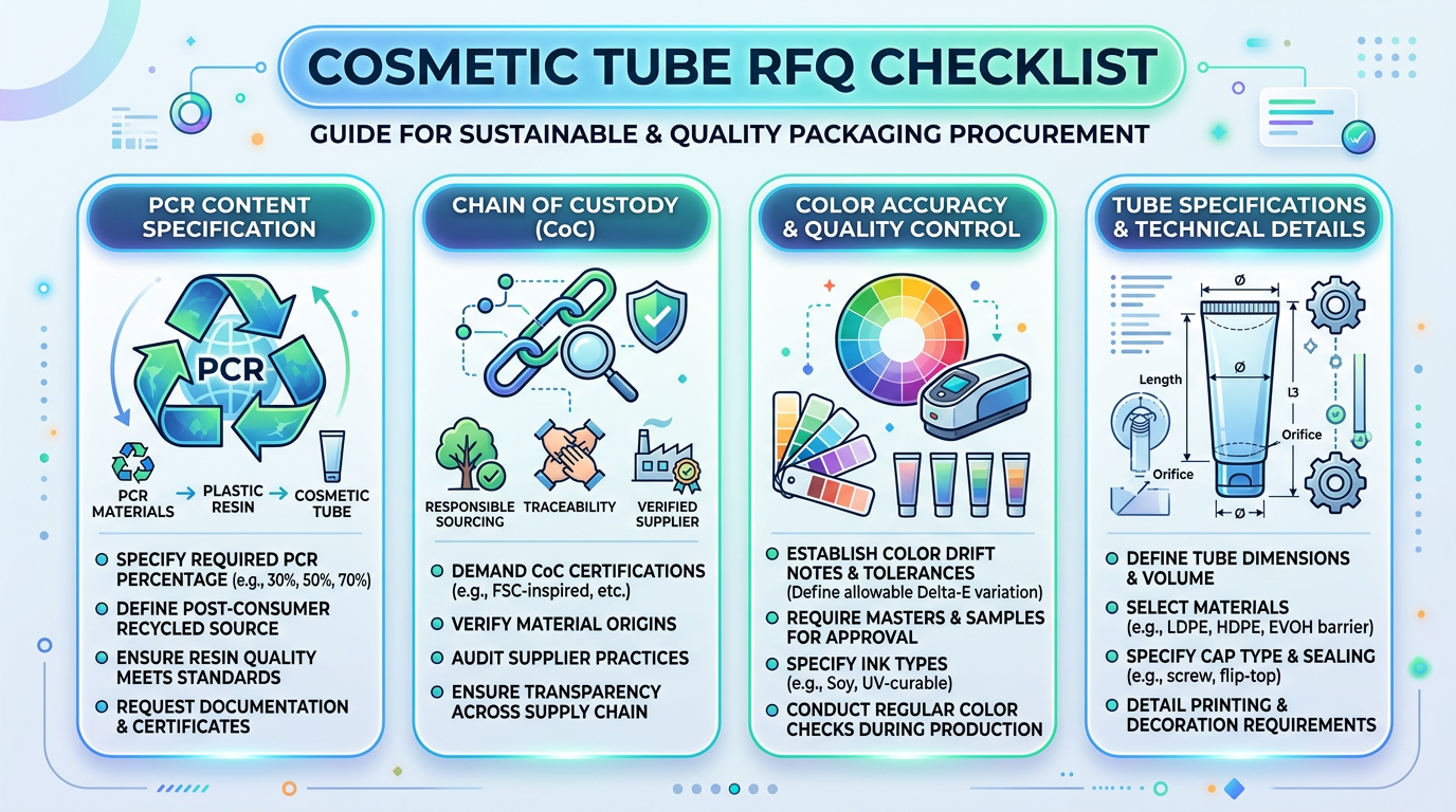 Checklist-style visual for PCR percentage, color delta, and documentation in tube sourcing.