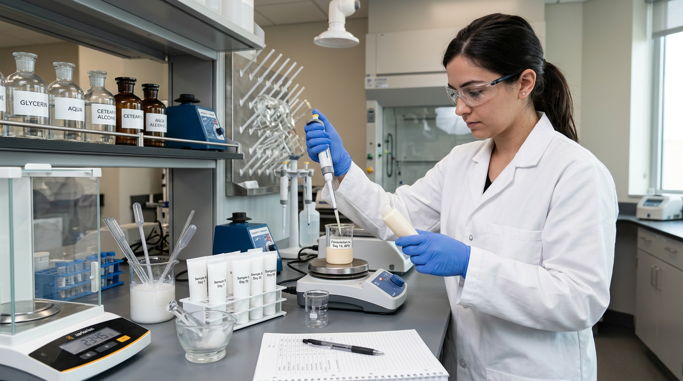 Cosmetic formula compatibility testing alongside PCR tube samples.