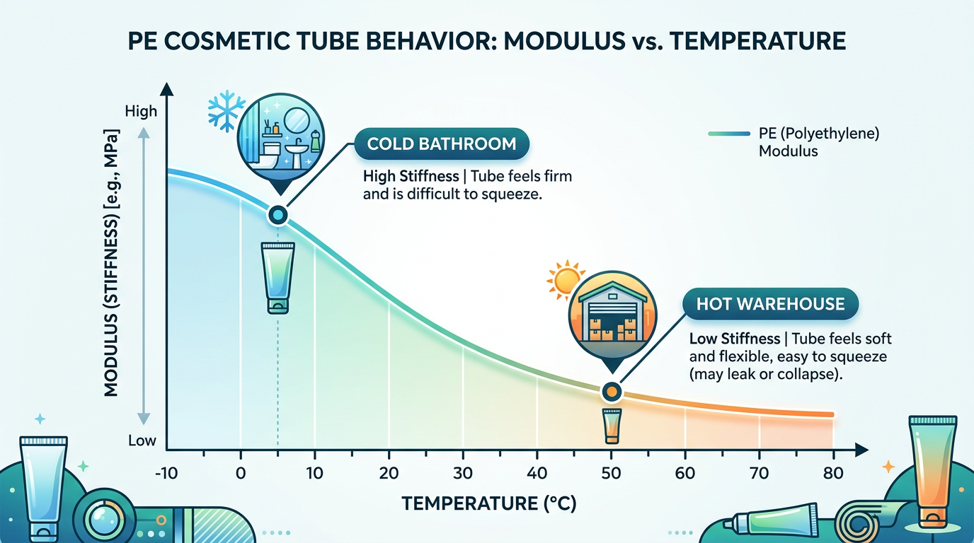 Chart concept of PE modulus shifting between cold bathrooms and hot warehouses.