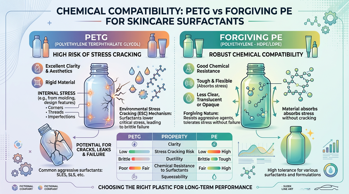 Technical infographic on chemical compatibility of PETG versus PE with aggressive surfactants.
