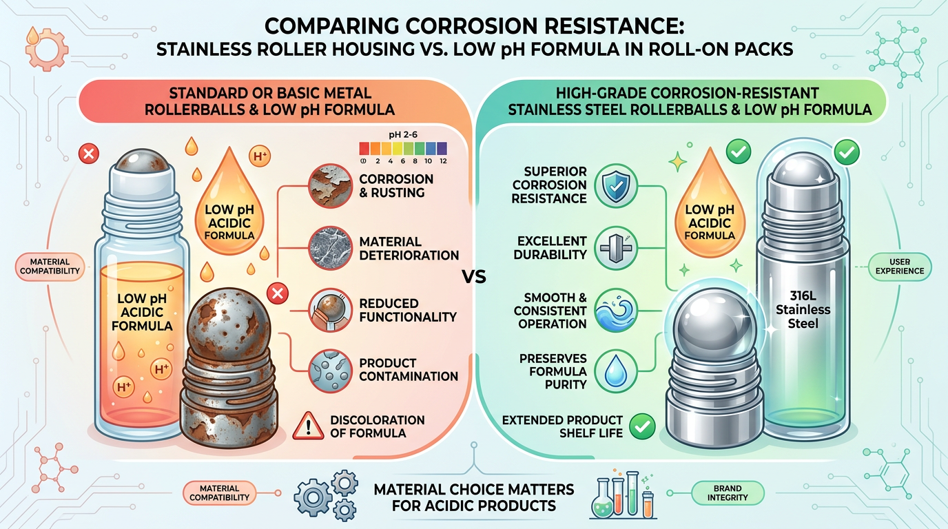 Technical graphic on corrosion risks from acidic or salty formulas in roll-ons.