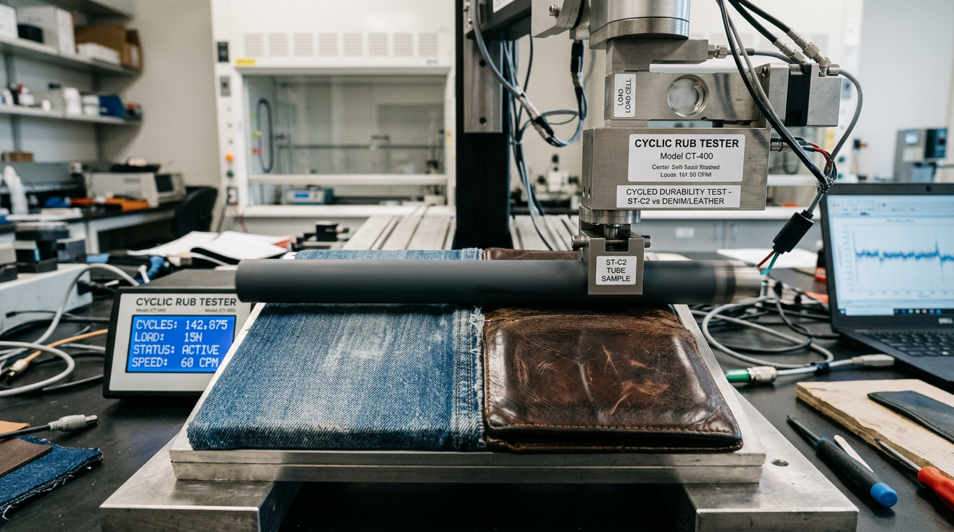 Durability concept: coated tube rubbing against fabric and leather surfaces.