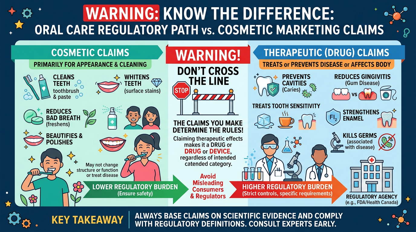 Graphic separating oral-care regulatory path from cosmetic marketing language.